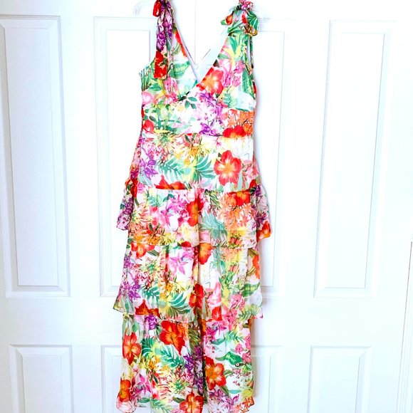 MAXI  3 Tiered Flirty Back Zip Shoulder Bows Print Dress JULIA JORDAN - Picture 1 of 15